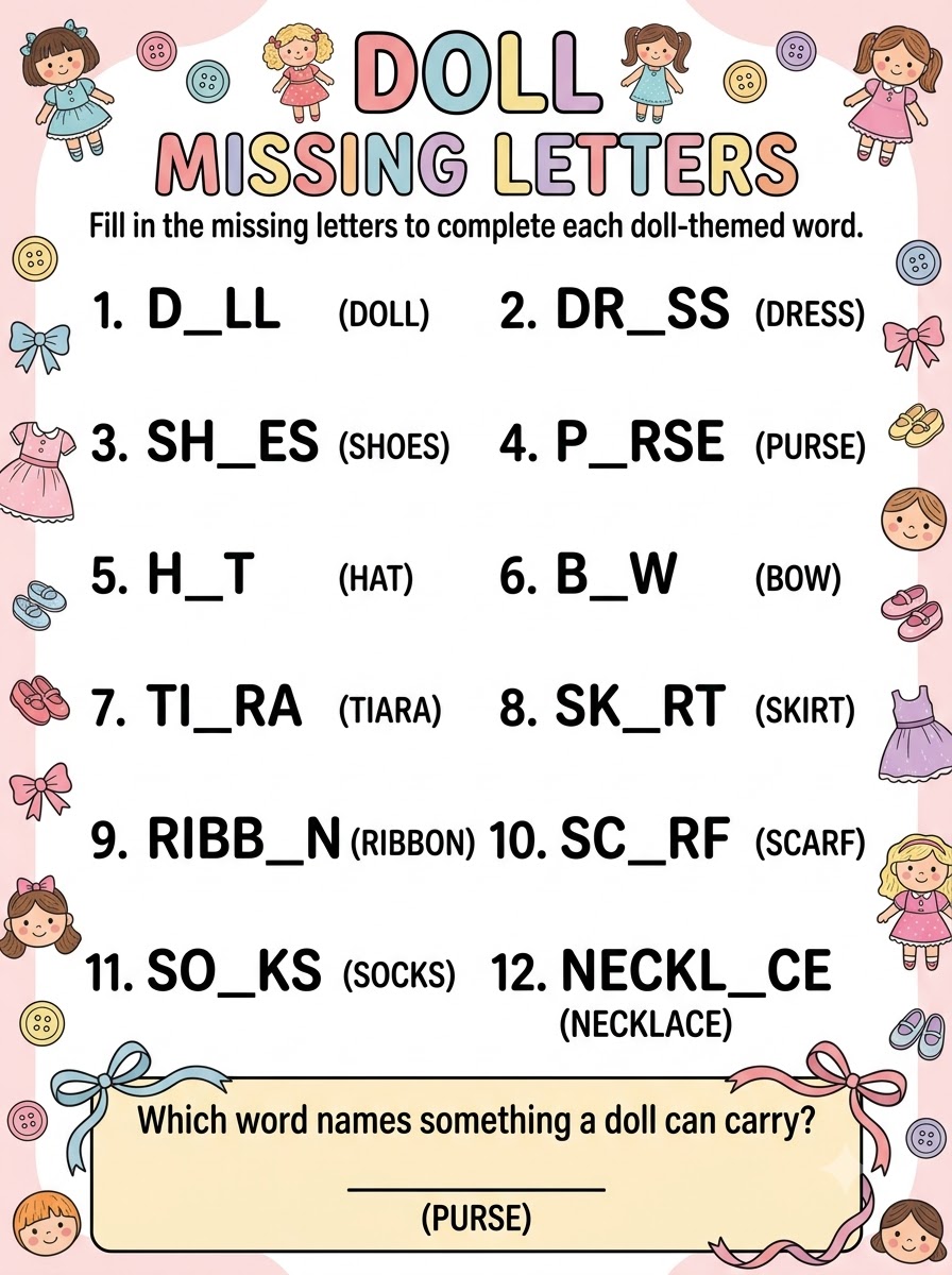 Doll Missing Letters — fill in missing letters worksheet with illustrated doll border
